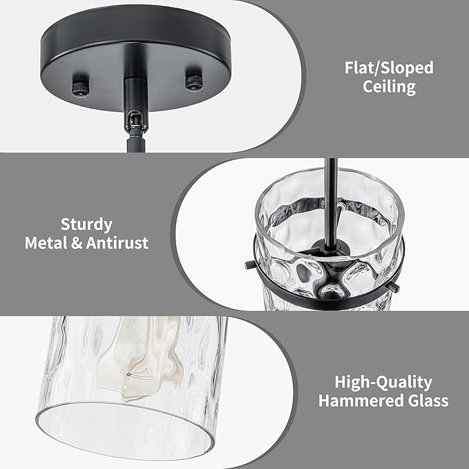 Farmhouse Hammered Glass Pendant Light, 5.5" Black Pendant Light, Modern Pendant Light Fixtures Over Island Lights for Kitchen Dining Room Light for Farmhouse Pendant Lighting 1 Pack