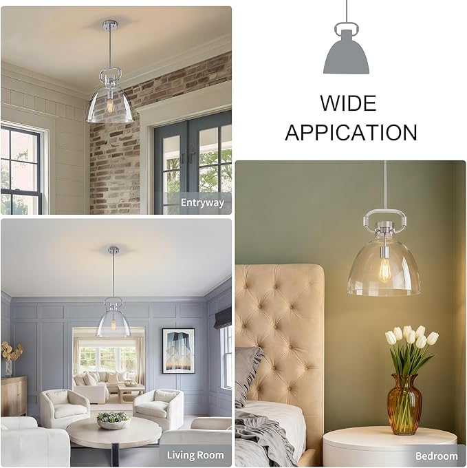 Large Pendant Lights Kitchen Island, 14'' Brushed Nickel Pendant Lights Fixture with Clear Glass Shade, 1-Light Modern Glass Kitchen Island Lighting for Dining Room Bedroom Over Table, E26