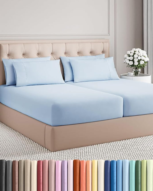 Split King 7 Piece Sheet Set - Comfy Breathable & Cooling - Soft Hotel Luxury Bedding Set with 8-16 Inch Deep Pockets - 1 Flat & 2 Fitted Sheet & 4 Pillowcases - Wrinkle Free & Easy Care - Sky Blue