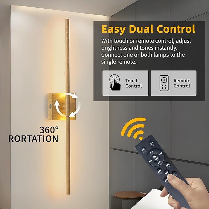 15800 mAh Battery Operated Wall Sconces with Remote Control Dimmable Battery Powered Cordless Rechargeable Wall Sconces Set of Two 3000K LED Log Burlywood Wireless Wall Light for Living Room
