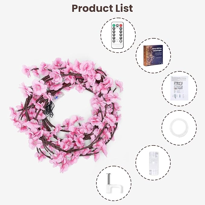 Cherry LED Tree Branch Lights for Wall, Cherry Blossom Willow Vine Twig Decor Garland with 144 LED Lights and Remote,8 Lighting Modes,Christmas Decorations Indoor for Home Wall Door Window (90inch)