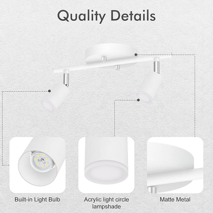 AUQUEE 2 Light Track Lighting Fixtures Ceiling, 8W/2700K White Track Lighting with Acrylic Lampshade & Rotatable Light Heads, 20000hrs Lifespan, Modern LED Track Lights Ceiling for Kitchen/Hallyway