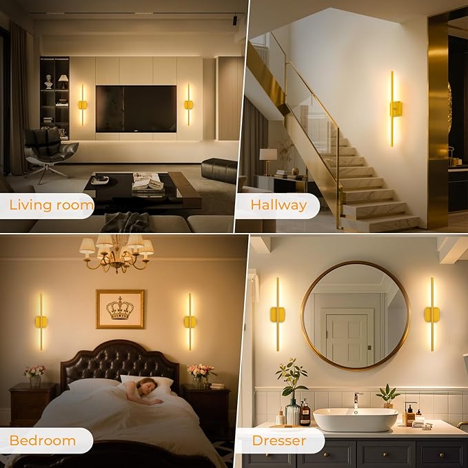 GvvooHome Battery Operated Wall Sconce Detachable 360°Rotate, Wireless Wall Lamp 3000-6500K Dimmable, 10000mAh Rechargeable Wall Light for Bedroom, Living Room，28.3" Black Gold 4 Pack