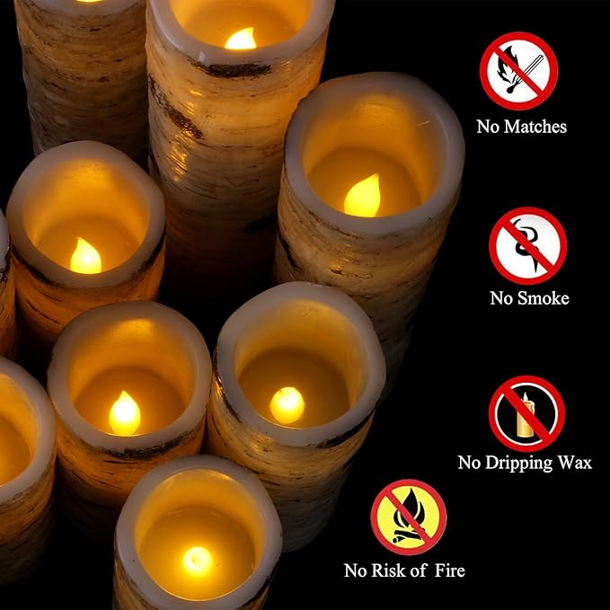 antizer Flameless Candles Birch Bark Effect Battery Operated Candles 4" 5" 6" 7" 8" 9" Set of 9 Real Wax Pillar LED Candles Each Candle 2.2" Diameter with 10-Key Remote Control 2/4/6/8 Hours Timer