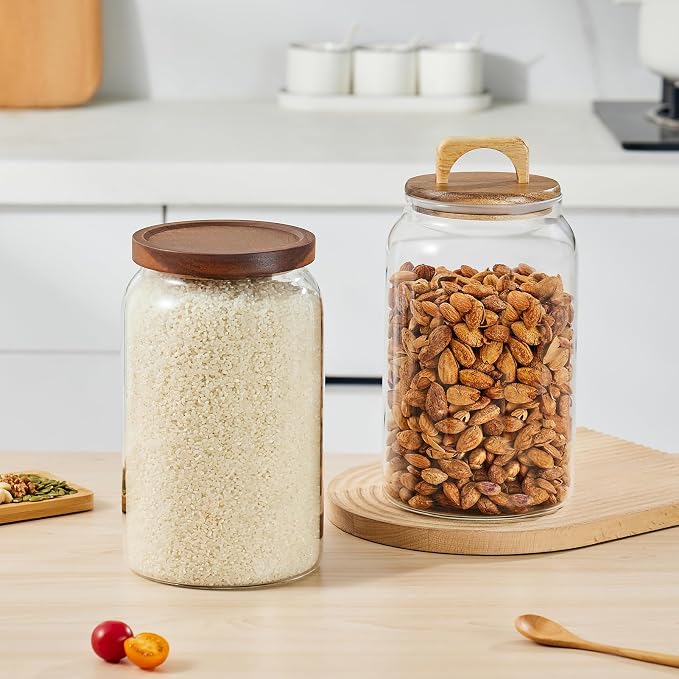 Sweejar Large Glass Candy Jars with Wooden Lids, 1 Gallon Glass Jar with Lid, Sugar/Flour Storage Containers, Big Glass Canisters with Airtight Lid, 1 Pack