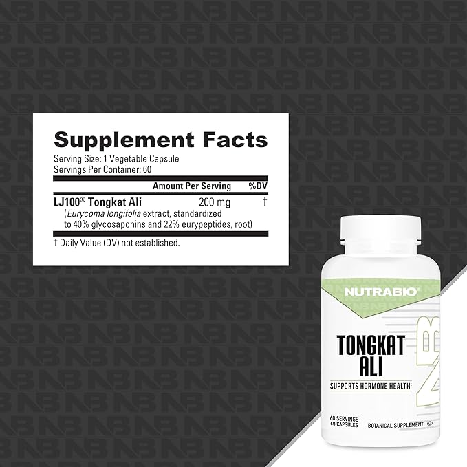NutraBio Tongkat Ali Longjack 100 Complément - Soutien Naturel pour la Masse Musculaire, la Force, la Performance - Longjack Tongkat Ali pour Hommes - 200mg par Gélule, 60 Portions