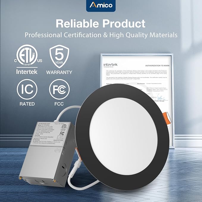 Amico 48 Pack 6 Inch 5CCT Ultra-Thin LED Recessed Ceiling Light with Junction Box, 2700K/3000K/3500K/4000K/5000K Selectable, 12W Eqv 110W, Dimmable Canless Downlight, 1050LM High Brightness,Black