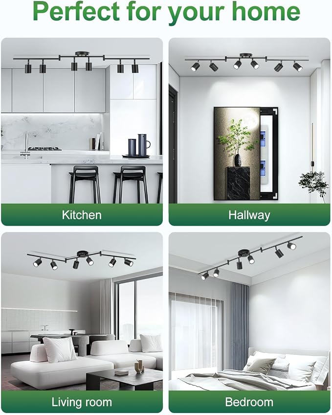 6 Ways Track Lighting, Rotatable Heads Tracks Light, Track Lightings Fixtures Ceiling with Foldable Arms, Modern Black Tracks Light for Kitchen, Living Room, Hallway(Bulbs Not Included)