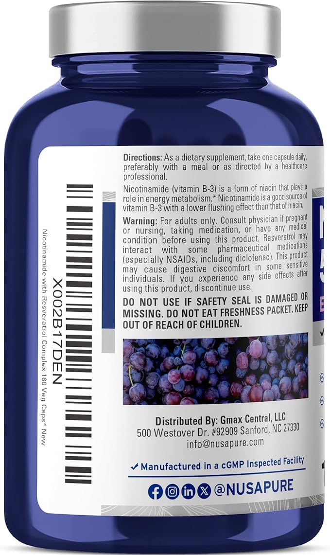 NusaPure Nicotinamide avec Resvératrol (Vitamine B-3) 500 mg - 180 Gélules Végétariennes (Sans OGM et Végane)