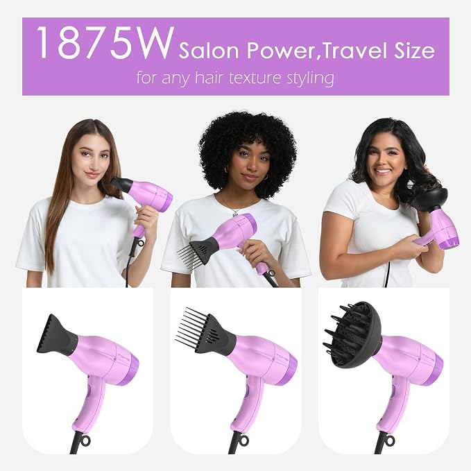 TOME Hair Dryer with Diffuser, 1875W Ionic Blow Dryer with Comb Attachment and Concentrator for Home Use, Fast Drying with Cool Shot and 2 Heat & 2 Speed Settings, 125V, Purple