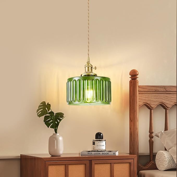 WimiSom 2 Pack Industrial Pendant Lighting, Modern Green Glass Shade Farmhouse Adjustable Hanging Light Fixtures for Kitchen Island Living Room Bedroom Hallway, Green