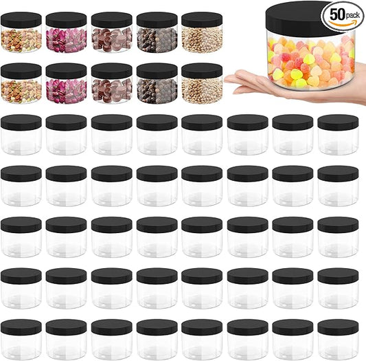 50 Pcs 10 Oz Plastic Jars with Lids Containers Storage Airtight Wide Mouth Food Jar Clear Cylinder Container for Grocery Kitchen Dry Food Butter Honey