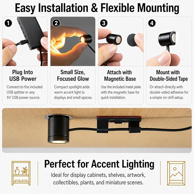 TAYSING Mini LED Spotlights, USB Powered Small Spotlight Display Lights, Accent Lighting for Artwork, Paintings, Jewelry, Display Cases, handicrafts, Models, Toys, Puzzles (Warm White, 5 Pack)