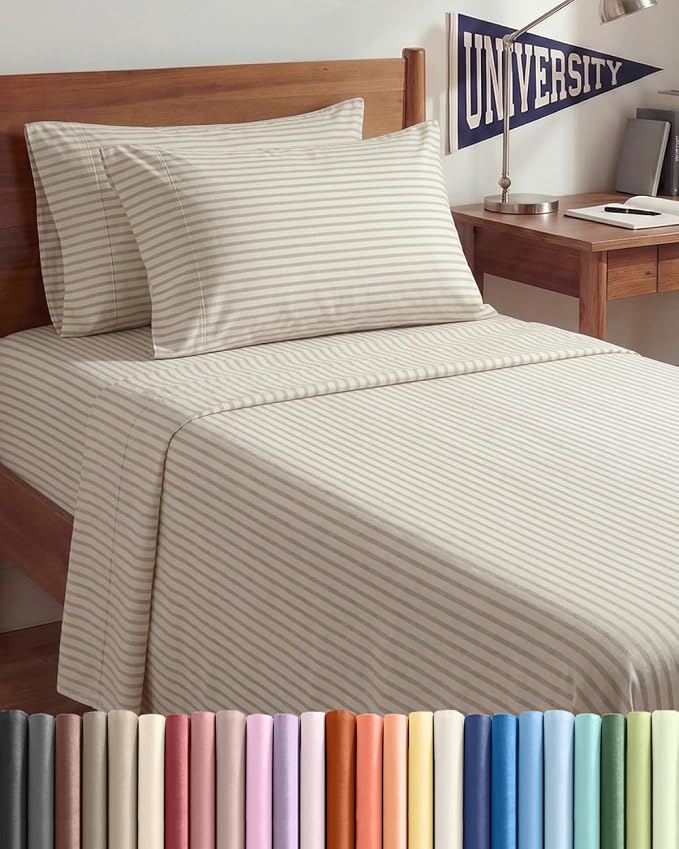 Twin XL 4 Piece Sheet Set - Comfy Breathable & Cooling - Soft Hotel Luxury Bedding Set w/ 8-16 Inch Deep Pockets - 1 Flat & 1 Fitted Sheet & 2 Pillowcases - Wrinkle Free & Easy Care - Beige Stripes 2
