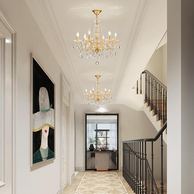 Crystal Chandelier Light Fixture, Modern K9 Crystal Chandeliers for Dining Room, 6-Lights Gold Ceiling Light, Adjustable Hanging Pendant Light Fixture for Living Room Entryway Kitchen Island Hallway