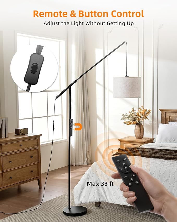 Arc Floor Lamp for Living Room, Dimmable Standing Lamp with Remote, Brightness & Color Temp Adjustable, Height Adjustable Arched Reading Light with LED Bulb, Black Tall Pole Lamp for Bedroom, Office