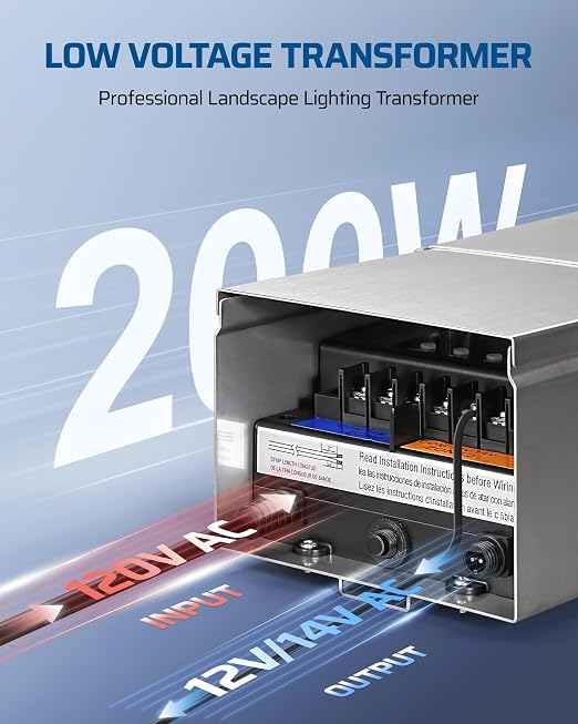 DEWENWILS 200W Low Voltage Landscape Transformer, 120V to 12V/14V, Outdoor Landscape Transformer with Photocell Sensor & Timer, Weatherproof, Multi Zone for Spotlight, Patio Light, ETL Listed
