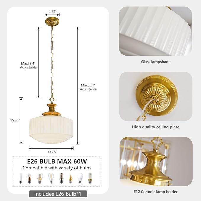 Vintage Brass Milk Glass Pendant Light Fixture, 13.8" White Pleated Glass Chandelier, Antique Pendant Lights, for Kitchen Island Lighting, Hallway, Bedroom, Dining Room, Foyer, E26 Bulb Included