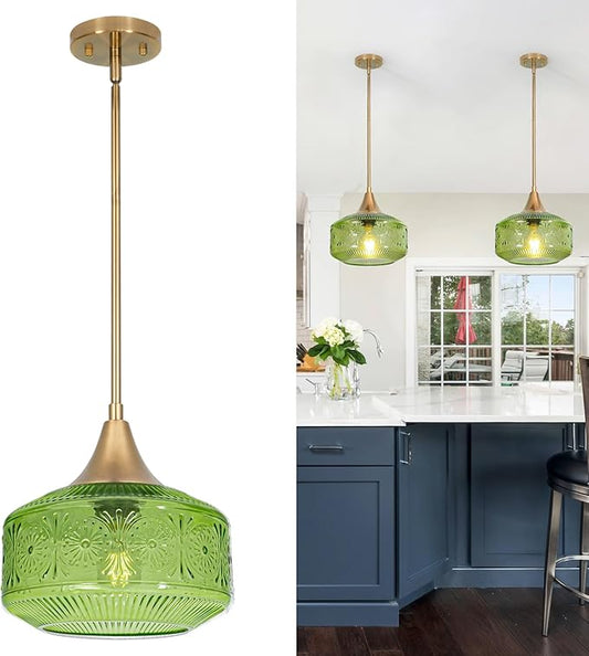 Retro Gold Pendant Light Fixtures Kitchen Island Lighting, Brass Pendant Light with Large Thickened Green Glass Globe Shade, Adjustable Hanging Light for Dining Room Bathroom Entryway, Rotation Angle