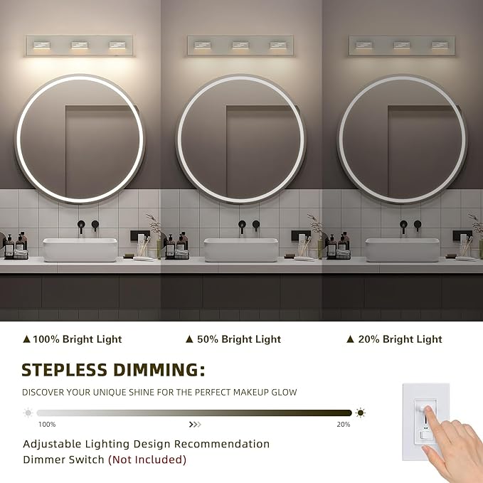 Joosenhouse 3-Light Brushed Nickel Bathroom Vanity Light, 23.6-Inch 5CCT Dimmable LED Vanity Lighting Fixture, 24W Modern Makeup Light with Adjustable Brightness