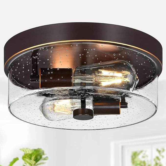 Flush Mount Ceiling Light Fixtures, 2-Light Oil Rubbed Bronze Ceiling Mount for Farmhouse with Seeded Glass Lampshade, Industrial Flush Mount Light Fixture for Hallway, Kitchen, Entryway and Foyer
