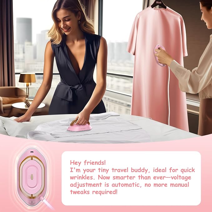 Newbealer Travel Iron Set, 100-240V Mini Dry Iron for Clothes (No Steam) | Max 300W, Heats in 60s, 302℉ Ceramic Soleplate, Handy Heat Press, 0.8lbs Lightweight for Quick Touch-ups Worldwide (Pink)