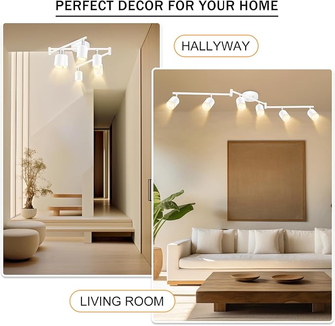 BoostArea LED 6 Light Track Lighting Kit, White 6 Way Ceiling Spot Lighting, Flexibly Rotatable Light Head for Kitchen, Living Room, Bedroom, GU10 Bulb Not Included