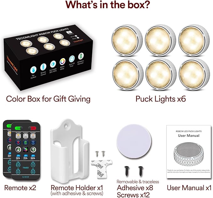 TECOMLIGHT Puck Lights with Remote Control, Battery Operated Wireless Under Cabinet Lighting, Stick on Tap Push Lights for Kitchen, Shelf, 6 Pack - White