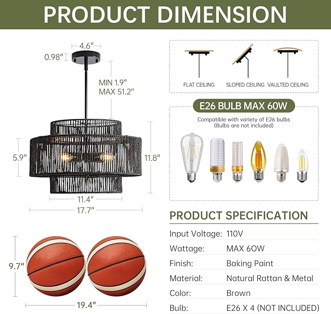 4-Light Black Boho Rattan Chandelier for Dining Room, 17.7” Hand Woven Pendant Light Fixture, Coastal Wicker Hanging Ceiling Light for Kitchen Island Living Room Bedroom Entryway Foyer