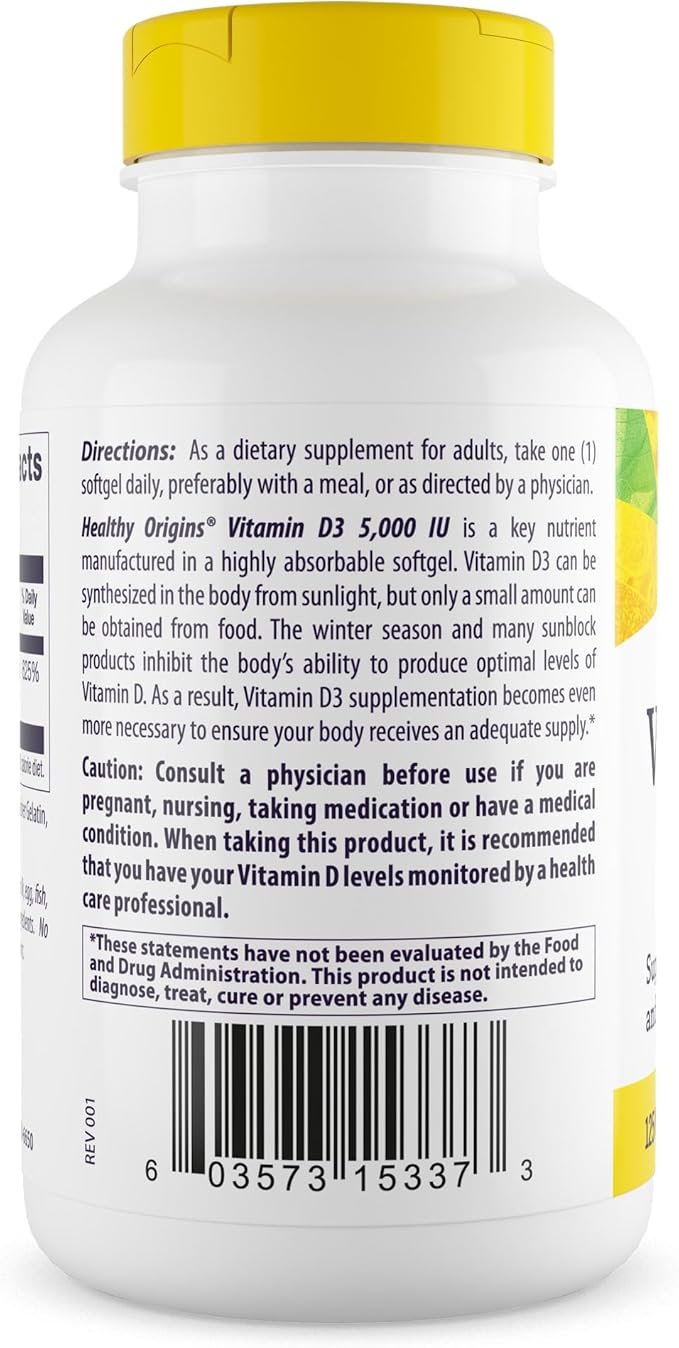 Healthy Origins ビタミンD3（ラノリン）5,000 IU ソフトジェル - 骨の健康と免疫サポートサプリメント - 吸収しやすいビタミンDサプリメント - グルテンフリービタミンD3サプリメント - 360ソフトジェル