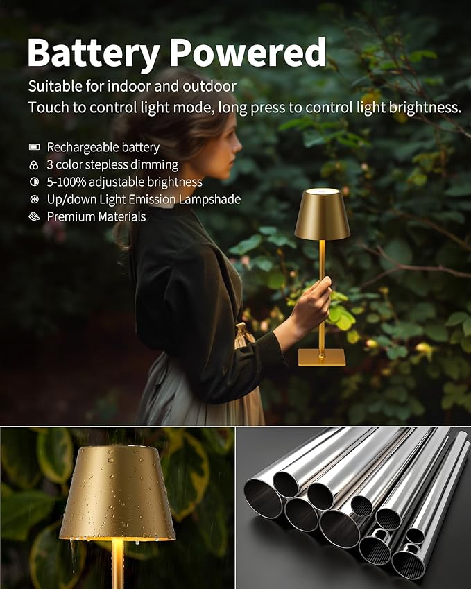 KDG 2 Pack Cordless Table Lamp, Portable LED Desk Lamps, 4000mAh Battery Operated, 3 Color Stepless Dimming Up, for Restaurant, Bedroom, Outdoor Camping, Coffee Shop, Night Light, Rechargeable (Gold)