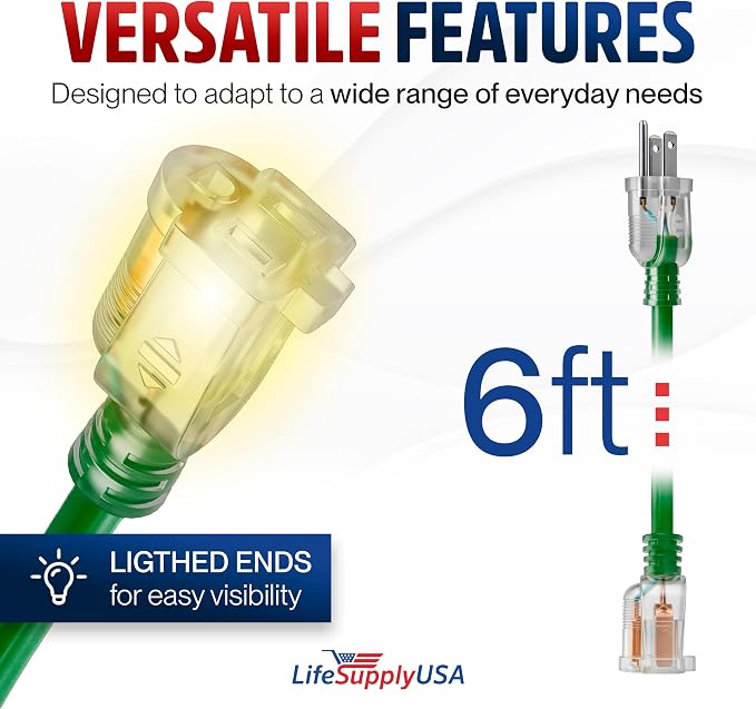 6ft Outdoor/Indoor Extension Cord 14/3 Gauge Heavy Duty 3 Prong SJTW, Waterproof, Flexible Cold-Resistant Long Power Cord,15A 125V 1875W, Green by LifeSupplyUSA