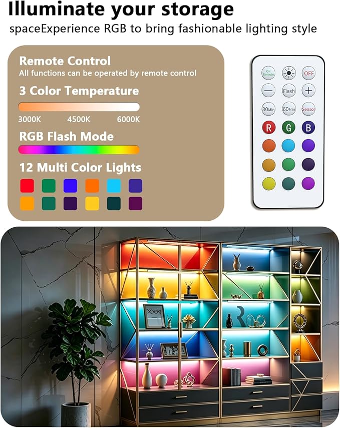 long-stars Motion Sensor Under Cabinet Lighting, 1500mAh Rechargeable RGB Light Bar with Remote, 15 Colors Dimmable LED Night Light, Timer & Wireless for Kitchen Counter, 4 Pack