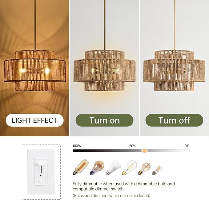 4-Light Boho Rattan Chandelier for Dining Room, 17.7” Hand Woven Farmhouse Pendant Light Fixture, Coastal Wicker Hanging Ceiling Light for Kitchen Island Living Room Bedroom Entryway Foyer
