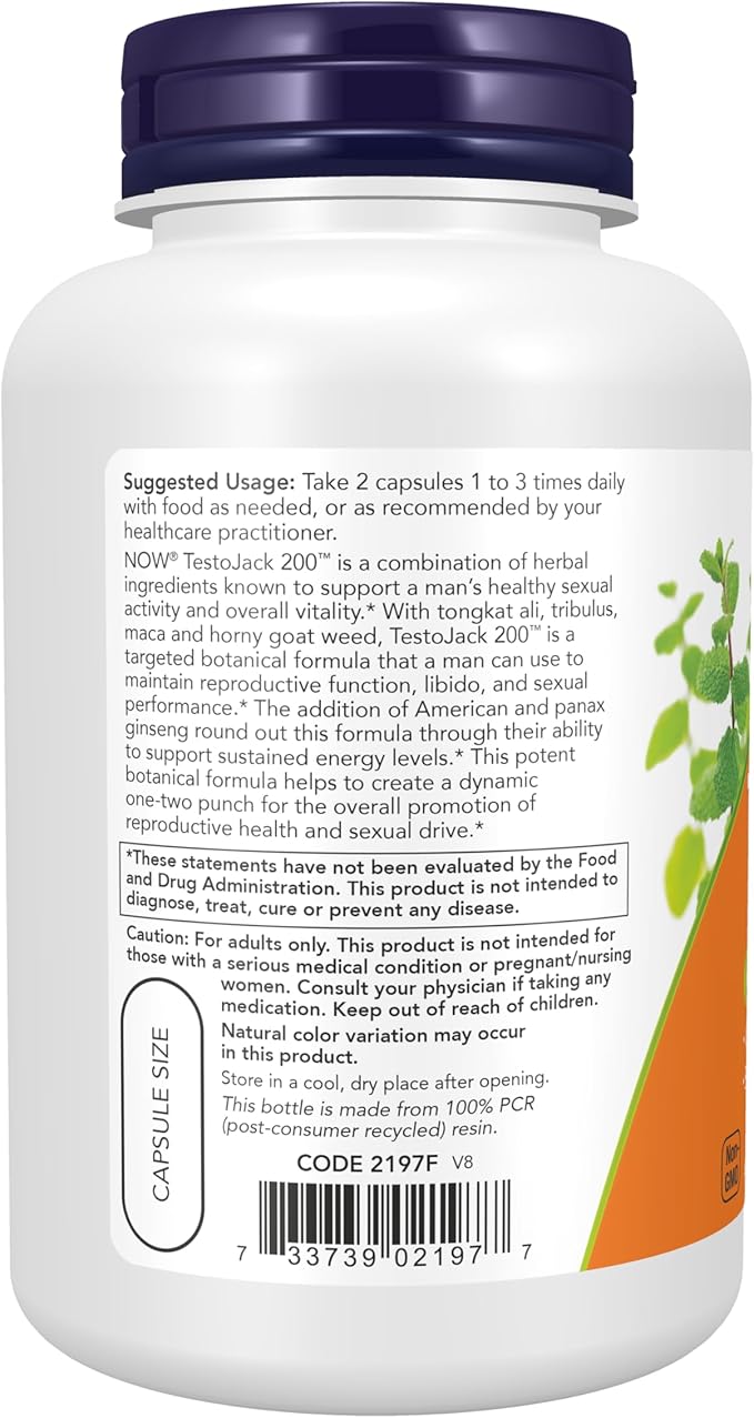 NOW Foods Supplements, TestoJack™ 200 with Tongkat Ali, Tribulus, Maca and Horny Goat Weed, 120 Veg Capsules