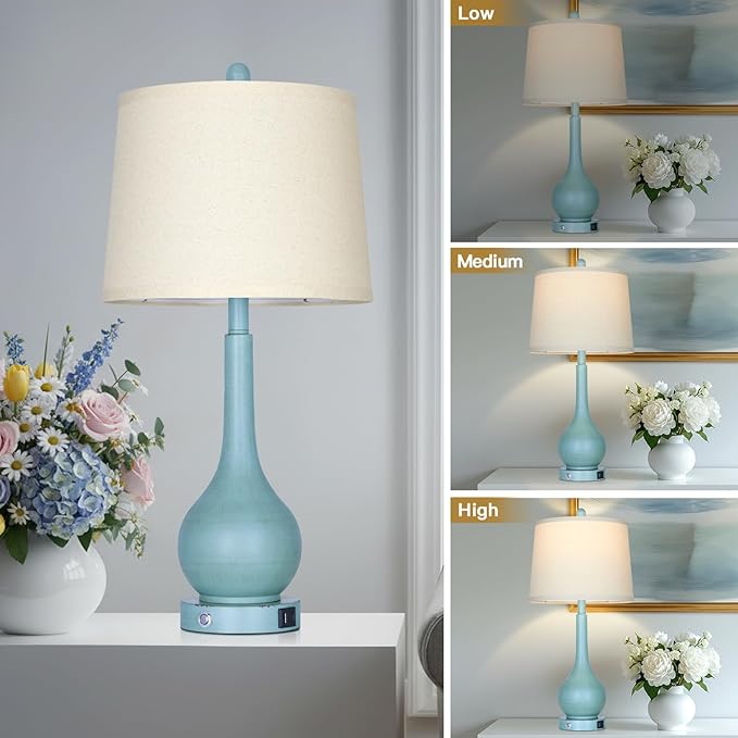 Rinweey 26" Coastal Table Lamps Set of 2, 3-Way Dimmable Touch Control Nightstand Lamps for Bedroom with USB A+C Ports, Modern Farmhouse Bedside Lamp for Living Room, Retro Blue (2 LED Bulbs Included)