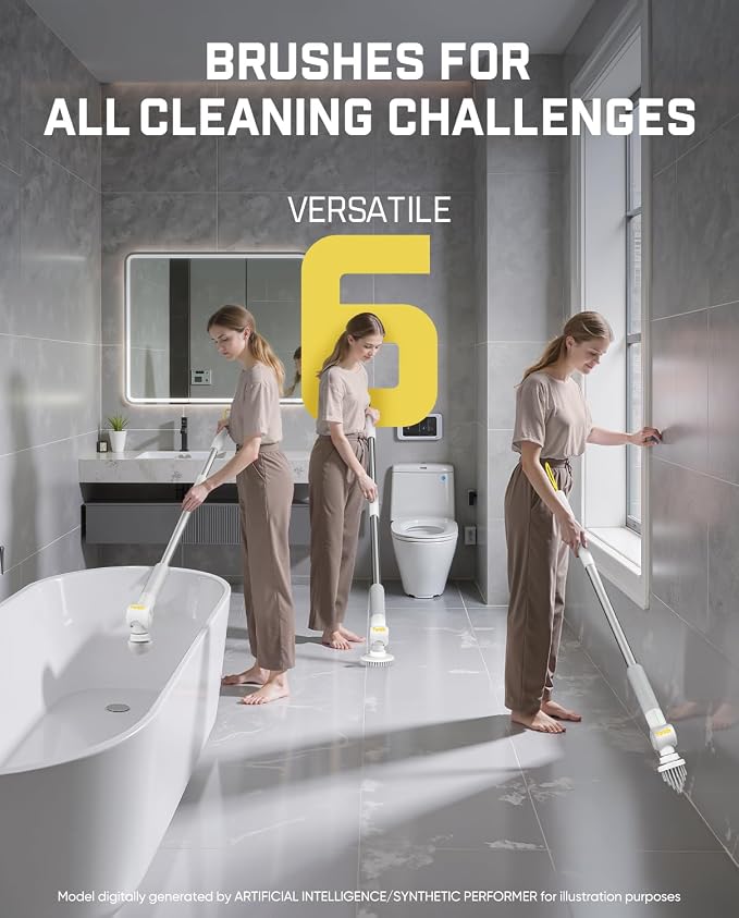 Fanttik Flip G9 Pro Electric Scrubber, VoltiPulse Motor, Dual-Speed Cleaner with 6 Brush Heads, Adjustable Angle & Extendable Handle, IPX7 Waterproof, Type-C Charge for Bathroom, Tile, Grout - White