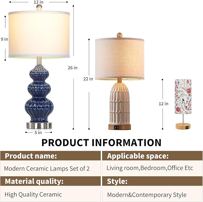 Cinyirong 26" Blue Table Lamp Set of 2 with Rotary Control, Ceramic Table Lamps Classic Beside Lamps Nightstand Lamp Modern Table Lamp for Living Room,LED Bulbs Included