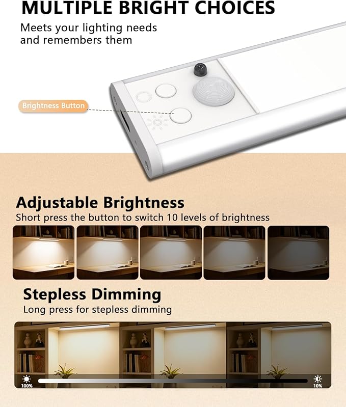 long-stars Motion Sensor Under Cabinet Lighting, 1500mAh Rechargeable RGB Light Bar with Remote, 15 Colors Dimmable LED Night Light, Timer & Wireless for Kitchen Counter, 4 Pack