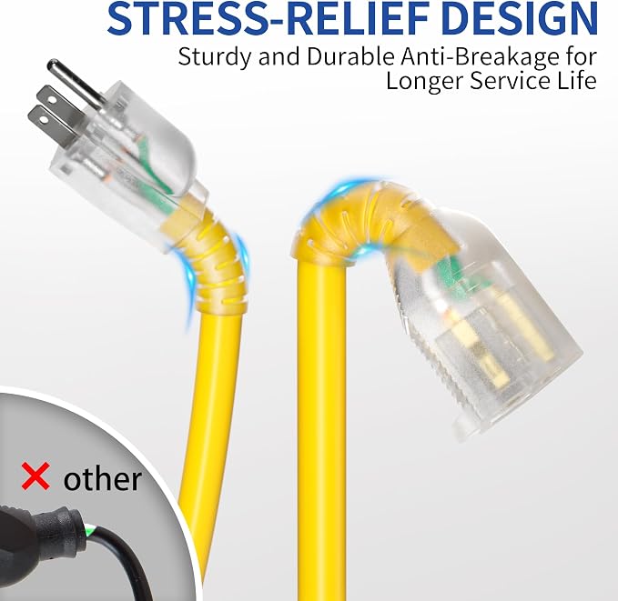 50ft Outdoor/Indoor Extension Cord with Lighted 10/3 Gauge Ultra 3 Prong Heavy Duty SJTW, Waterproof, Flexible Cold-Resistant,15A 125V 1875W, Yellow