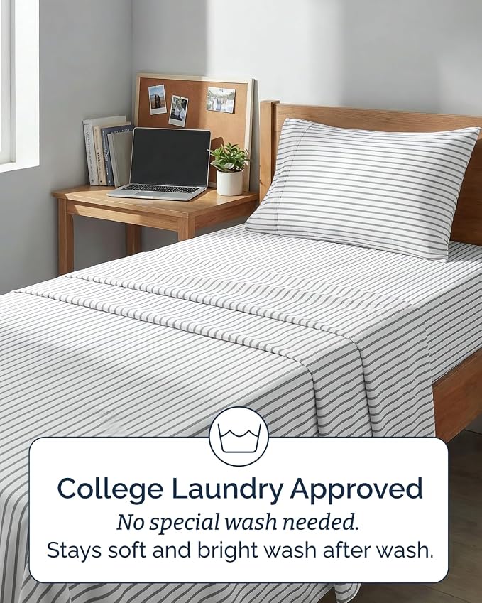 Twin XL 4 Piece Sheet Set - Comfy Breathable & Cooling - Soft Hotel Luxury Bedding Set with 8-16 Inch Deep Pockets - 1 Flat & 1 Fitted Sheet & 2 Pillowcases - Wrinkle Free & Easy Care - Grey Stripes 2