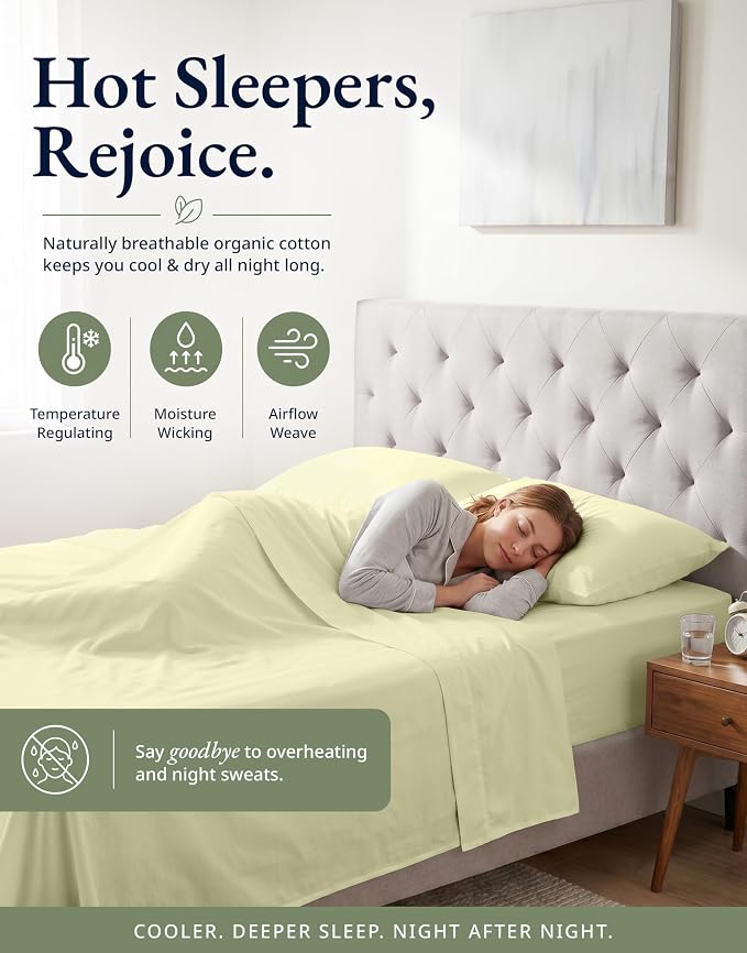 LANE LINEN Twin Fitted Sheets, 100% Organic Cotton 2-Piece Set (1 Fitted Sheet, 1 Pillowcase), Percale Weave, Bottom Sheet, Soft, Breathable, Fits Mattress Upto 15' Deep - Vanilla (No Flat Sheet)