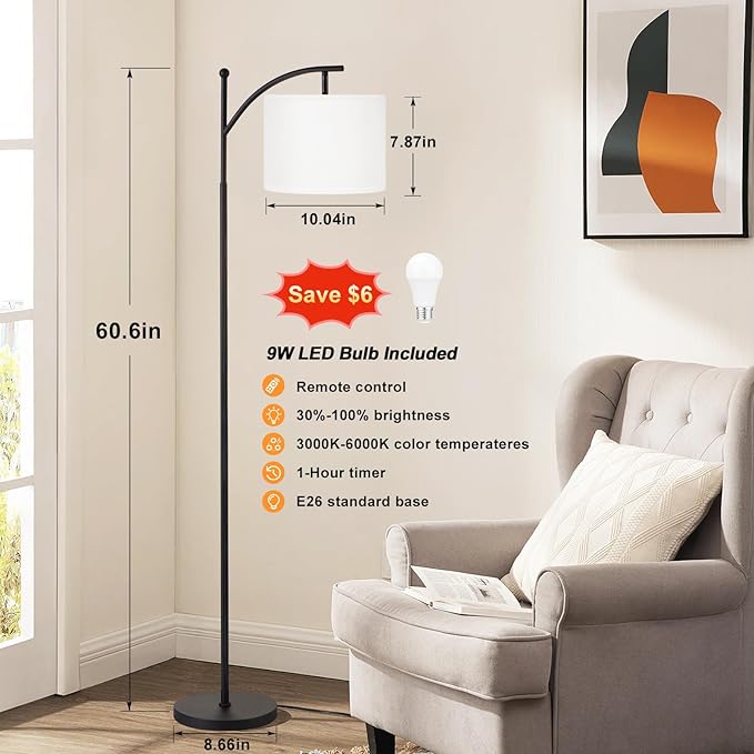 Ambimall 60" Floor Lamp with Remote Control and Stepless Dimmable Bulb, Colors Temperature & Brightness Adjustable, Modern Floor Lamps for Living Room, White Shade & Black Pole