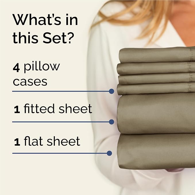 Full 6 Piece Sheet Set - Comfy Breathable & Cooling - Ultra Soft Hotel Luxury Bedding Set with 8-16 Inch Deep Pockets - 1 Flat & 1 Fitted Sheet & 4 Pillowcases - Cozy, Wrinkle Free & Easy Care - Khaki