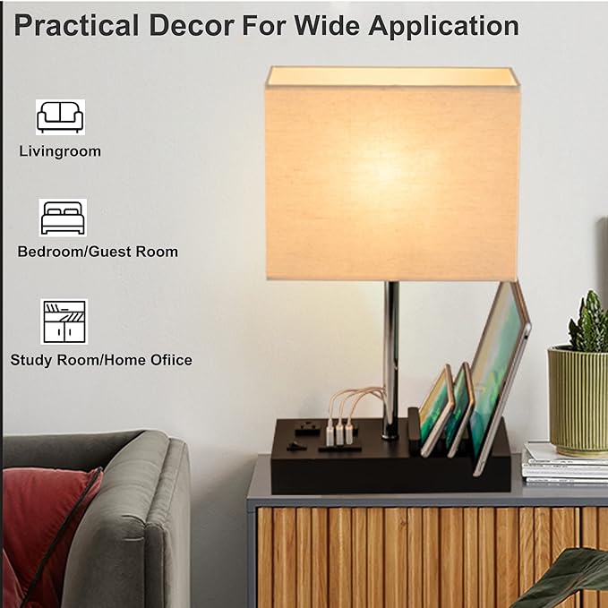 Briever USB Table Lamp, Multi-Functional Desk Lamp with 2 AC Outlets, Bedside Lamp with 3 USB Charging Ports and Wooden Phone Stands, Nightstand Lamp for Bedroom, Livingroom, Office, Linen Shade
