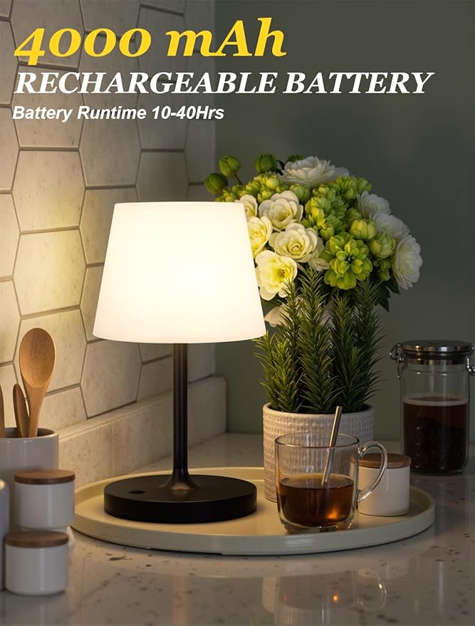 Kakanuo Black Cordless Shower Lamp Waterproof, Rechargeable Cordless Lamp with 4000mAh Battery, Touch Dimmable Table Lamp for Outdoor, Kitchen, Bathroom, Camping, Patio, IP54