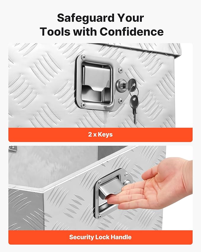 VEVOR Trailer Tongue Box, Heavy Duty Trailer Tongue Tool Box Storage Organizer with Lock & Keys, Utility Tool Chest for Pickup Truck Bed, RV, SUV, Off-Road Vehicle, Aluminum, 29" x 16.1" x 18", Silver