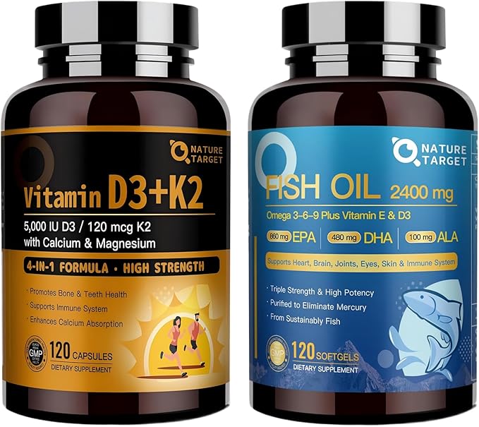 NATURE TARGET Pack Synergie Os & Cœur — Vitamine D3 K2 + Huile de poisson Triple Oméga 3-6-9 avec Calcium & Magnésium & Vitamine E, Soutien Quotidien Complet pour les Os, le Cœur, le Cerveau et la Santé Immunitaire