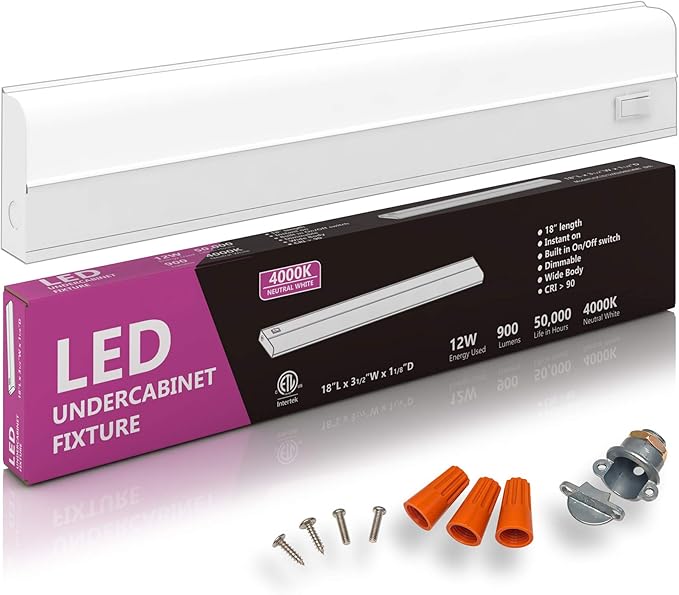 Hardwired LED Under Cabinet Task Lighting - 12 Watt, 18", Dimmable, CRI>90, 4000K (Cool White), Wide Body, Long Lasting Metal Base with Frost Lens