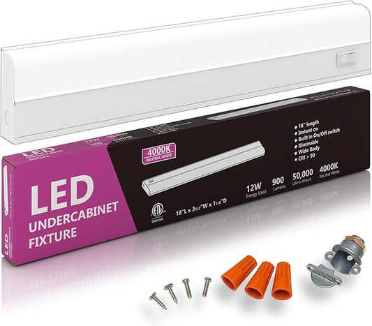 Hardwired LED Under Cabinet Task Lighting - 12 Watt, 18", Dimmable, CRI>90, 4000K (Cool White), Wide Body, Long Lasting Metal Base with Frost Lens